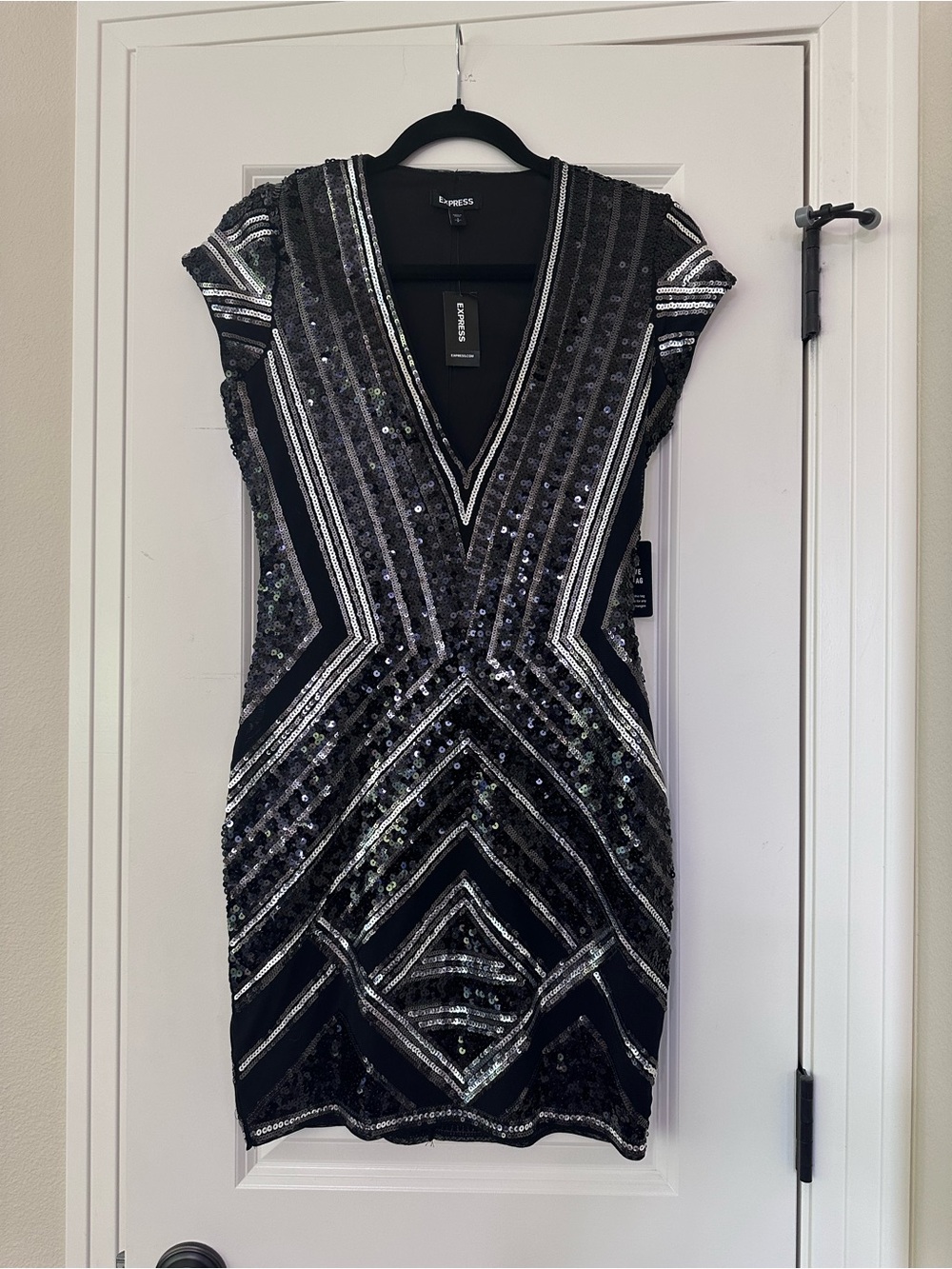 Express Black Sequin Mini Dress with Silver Trim